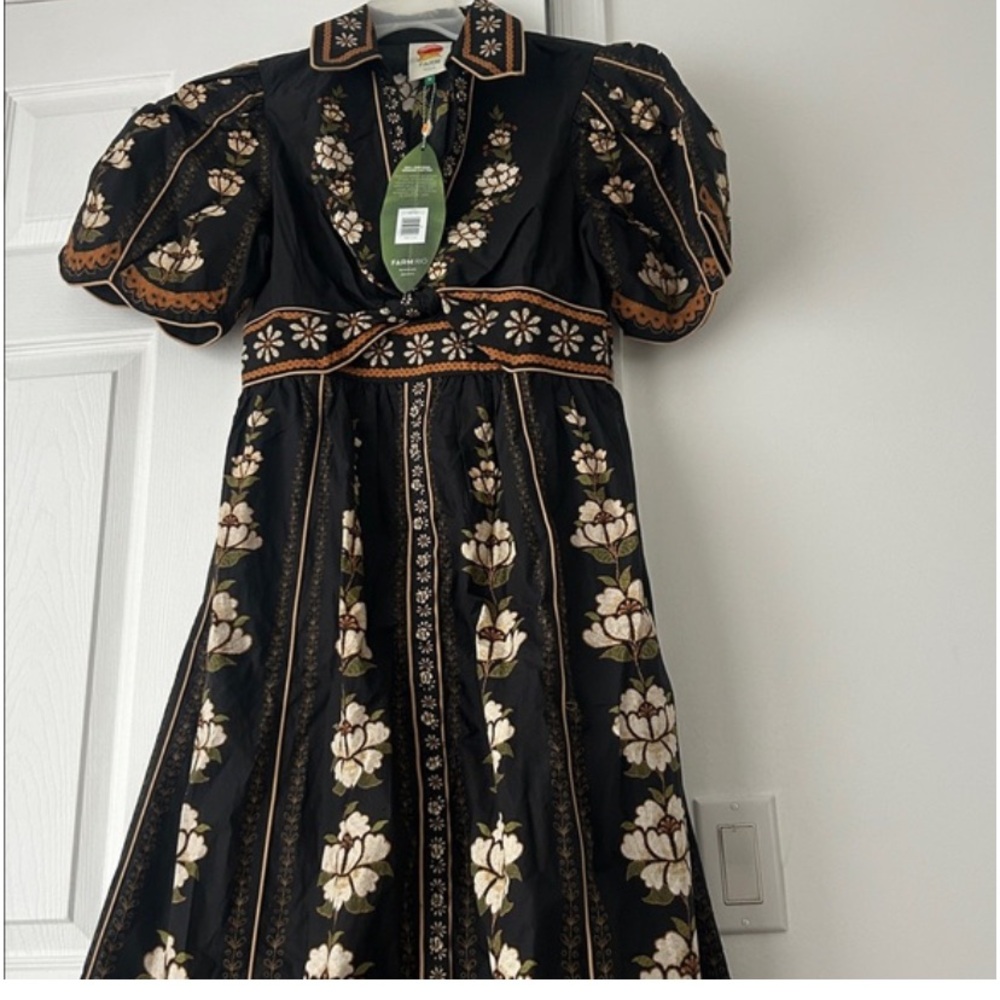NWT Anthropologie FARM Rio Black Embroidered Flowers Floral Midi Shirt Dress M - Picture 9 of 11
